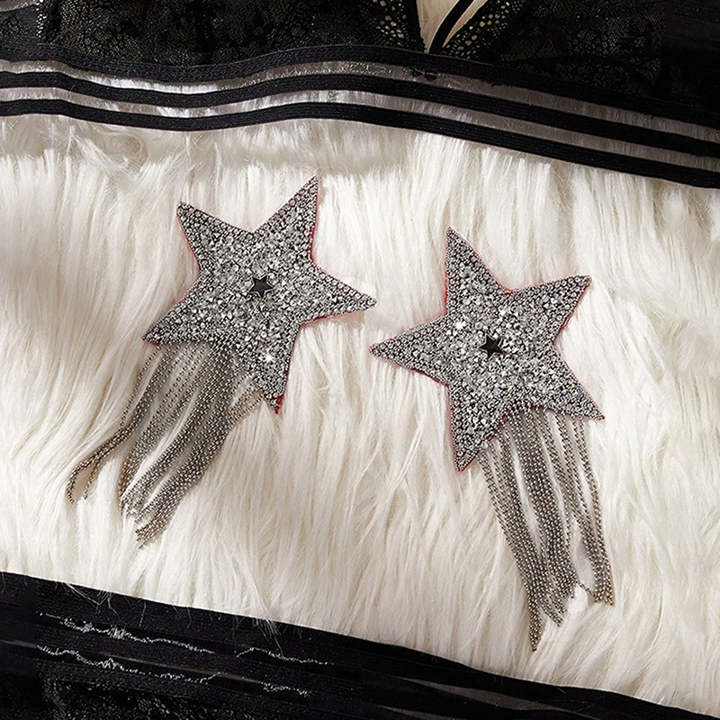 1Pair Tassel Rhinestone Star Nipple Stickers Women Sexy Bra Nipple Cover Self Adhesive Reusable Wear Bra Pasties Chest Stickers