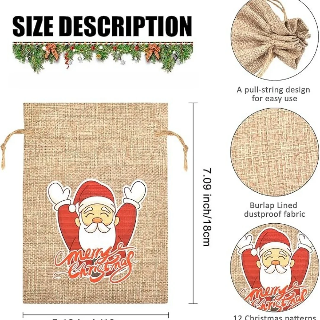 12pcs Set 13*18cm New Christmas Linen Drawstring Gift Bags, Jewelry Gift Bags, Party Drawstring Gift Pouches In Random Patterns