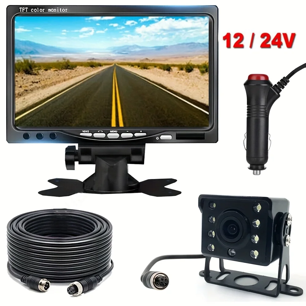 7인치 차량용 모니터 화면 및 후방 카메라 4핀 케이블 10m 트럭 주차 트레일러용 12-24V LED 야간 투시 후방 카메라