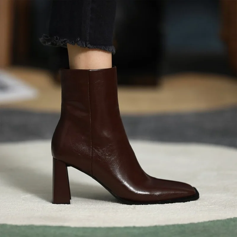 

European Women Fashion Shoes 7.5 CM Female White ShoesSide Zippers Ankle Boots Modern Lady Shoes Split Cow Leather Winter Boots
