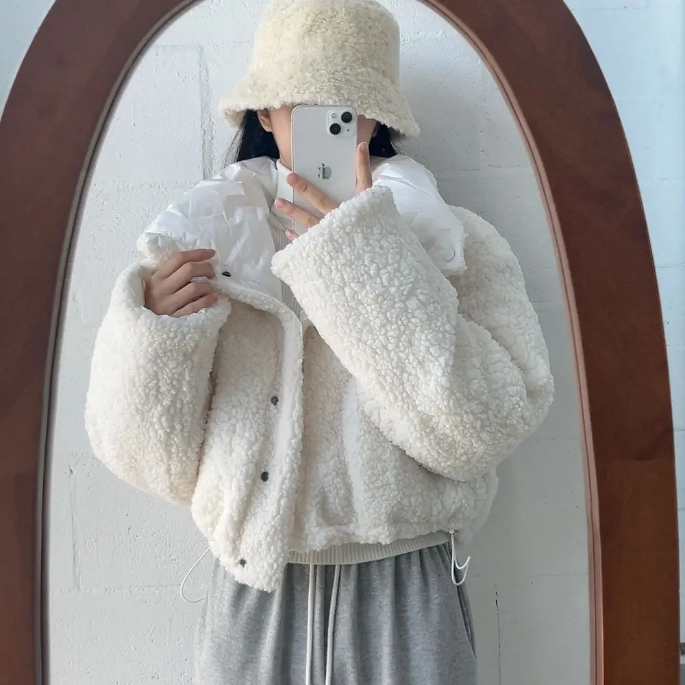 Korean Double-Sided Wear Lamb Fur Patchwork Down Cotton Jacket Women's Autumn Winter Fashion Short Big Lapel Student Bread Coat