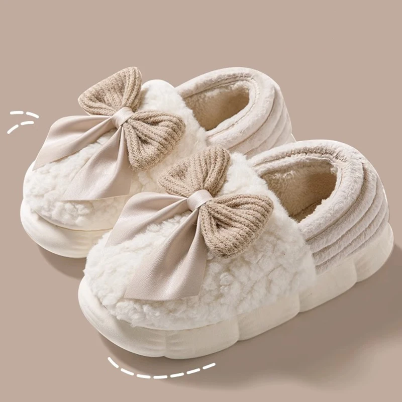 Bowknot Decor Wrap Heels Plush Slippers Women Winter Indoor Home Warm Fluffy Slides Woman Soft Non Slip Cotton Slippers Female
