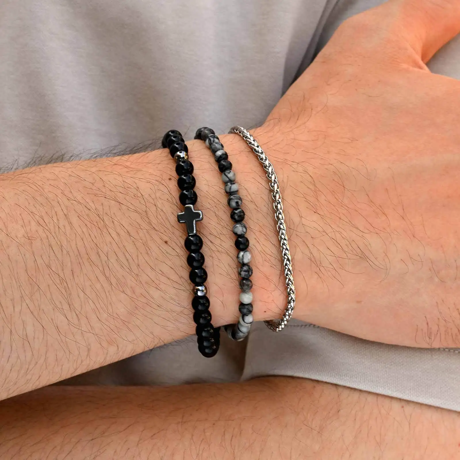 3pcs Men's Cross Beaded Bracelet,Punk Stainless Steel Chain Bracelet,Vintage Trendy Jewelry Gift for Him Boys