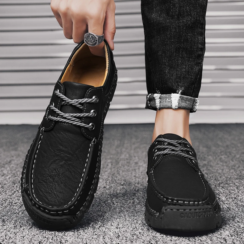 New Leather Men's Hiking Shoes Lace-up Man Light Flats Comfortable Outdoor Driving Flats Fashion Stylish Casual Shoes for Men 2