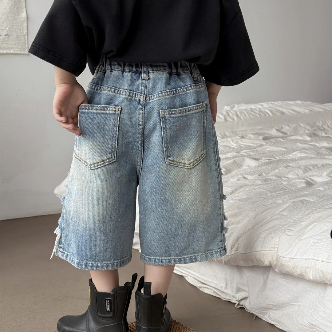 Children Clothes Boys American Vintage Style Ripped Denim Shorts Boys Summer Thin Loose Fashion Simple Casual Kids Pants