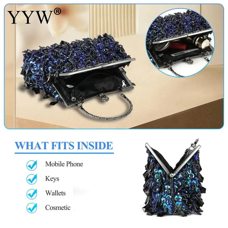 Vintage Women Crystal Beaded Evening Wedding Clutch Handbag Rhinestone Bling Sequins Embroidery Crossbody Cocktail Party Purse