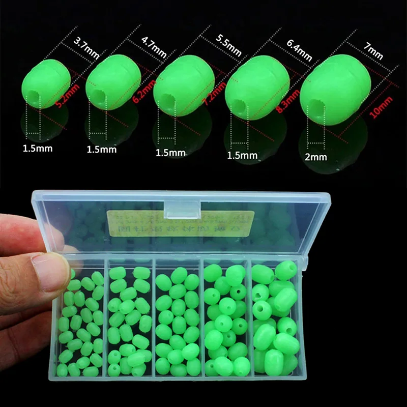 100pcs/box 5 Sizes Sea Fishing Cylindrical Luminous Green Soft Rubber Beads  Anti-Collision Bean Suit For Sabiki Snapper Lure Rig