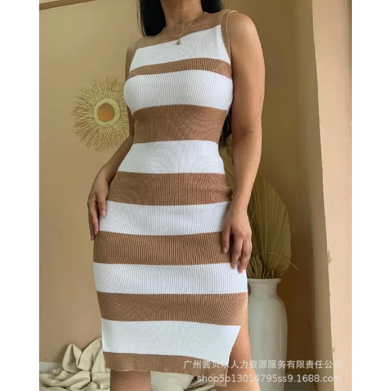 

Wepbel Woolen Dress High Waist Sexy Slim Fits Knitted Bodycon Dress Women Summer O-neck Striped Sleeveless Midi Sheath Dress