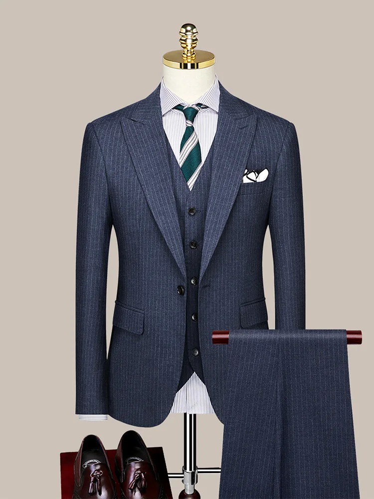 

Men Suit Set Blazer Vest Pant Korea Slim Style Deep Blue Stripe Leisure Business Man Daily Wear Wedding Groom Summer Clothing