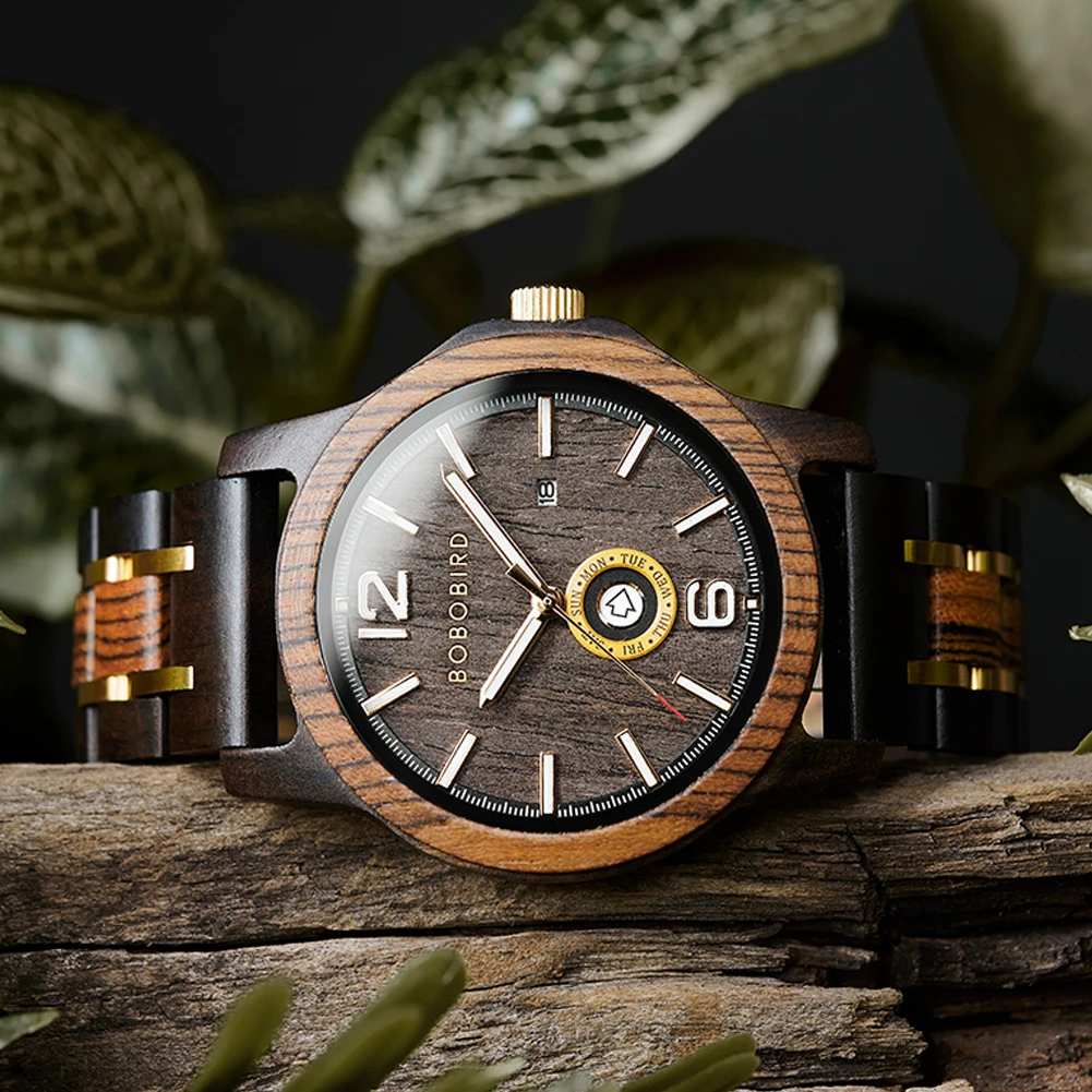 Men Wooden Watch Japanese Movement Top New Design BOBOBIRD Quartz Wristwatch Simple Week Date Display Custom Engraving Gift Box