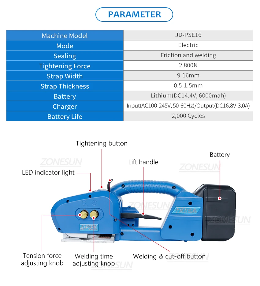 ZONESUN JD-PSE16 Portable PP/PET Strip Belt Lithium Battery Power Strapping Machine