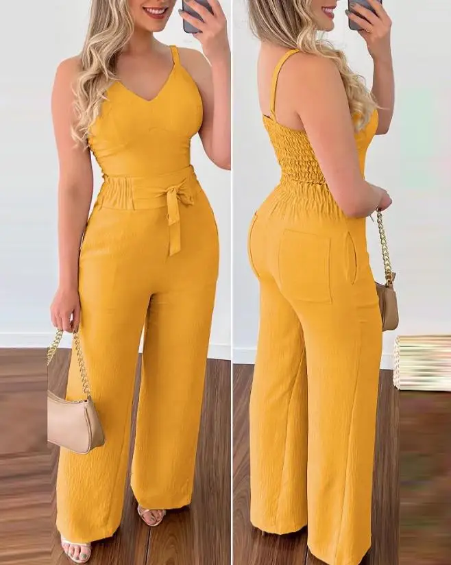 Women's Two Piece Casual Daily Solid V-Neck Spaghetti Strap Shirred Cami Top and Pocket Tied Detail High Waist Pants Set