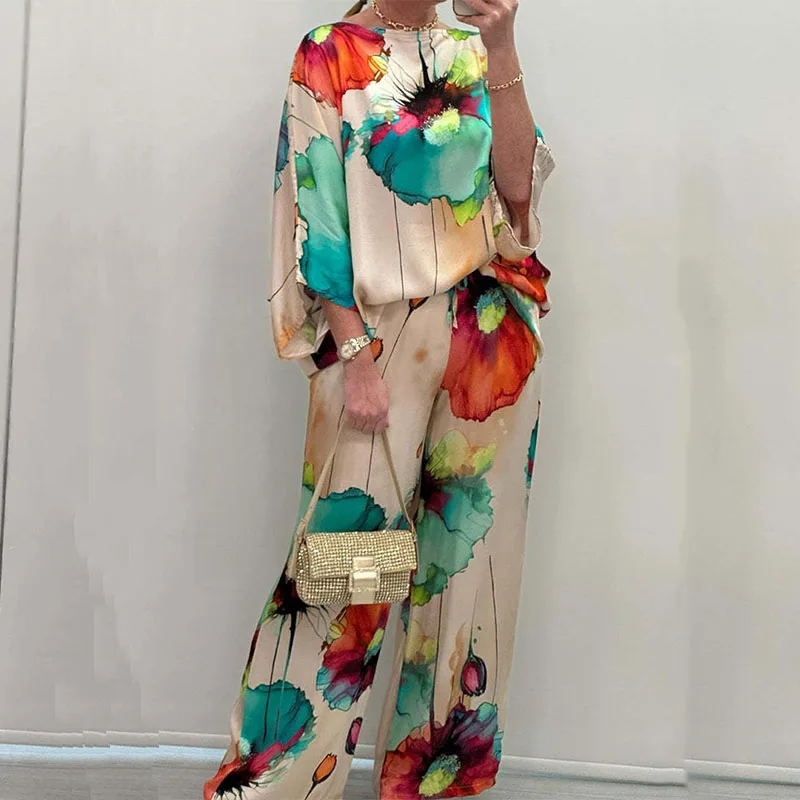 

Женский атласный костюм свободного покроя, комплект из 2 предметов с винтажным принтом, повседневный топ с круглым вырезом и рукавом «летучая мышь» + длинные брюки, летний костюм