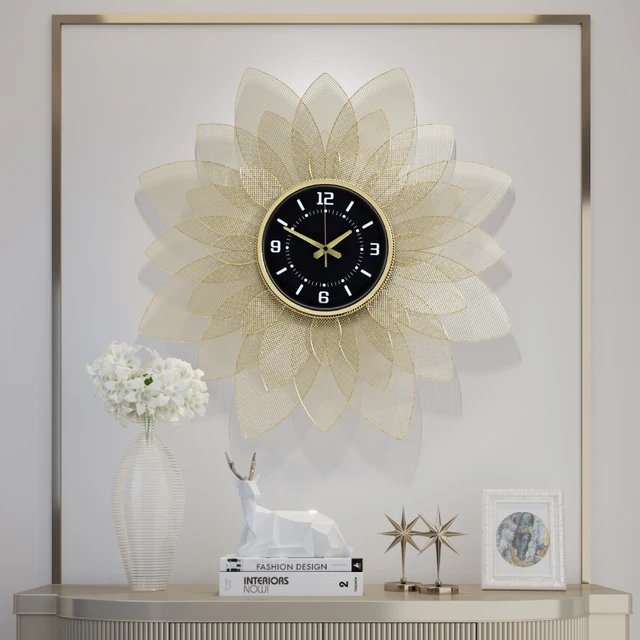 Lotus Metal Black Round Luxury Design Wall Clock 5