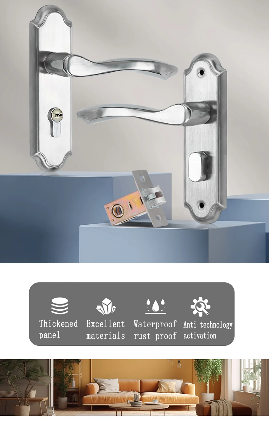 Description Picture 2 of item1 Set Stainless Steel Bathroom Door Lock Universal Indoor Restroom Bathroom Lock Door Handle Hardware Accessories Lncluding Keys