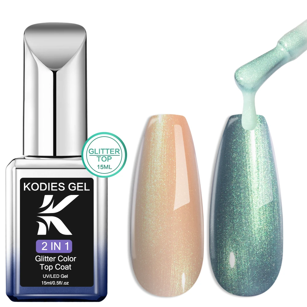 KODIES 젤 크롬 젤 네일 광택제 탑 코트, 닦을 필요 없는 진주, 오로라 인어 글리터 네일 바니시, 반영구 UV 젤 마감, 15ml