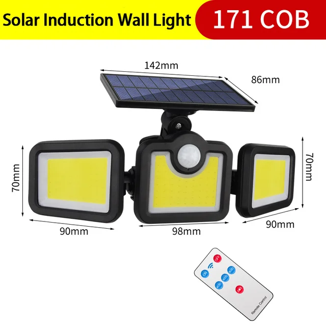 171 LED Solar Lights Outdoor 3Head Motion Sensor 270 Wide Angle Illumination IP65 Waterproof Remote Control Wall Lamp for Garden bright solar lights Solar Lamps