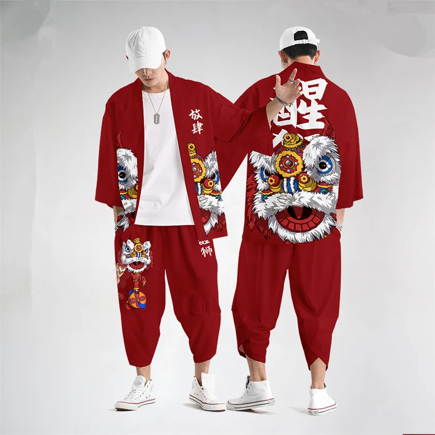 

Two-piece Suit Dragon and Lion Dance Print Japanese Fashion Kimono And Pants Set Men Cardigan Blouse Haori Obi Asian Clothes