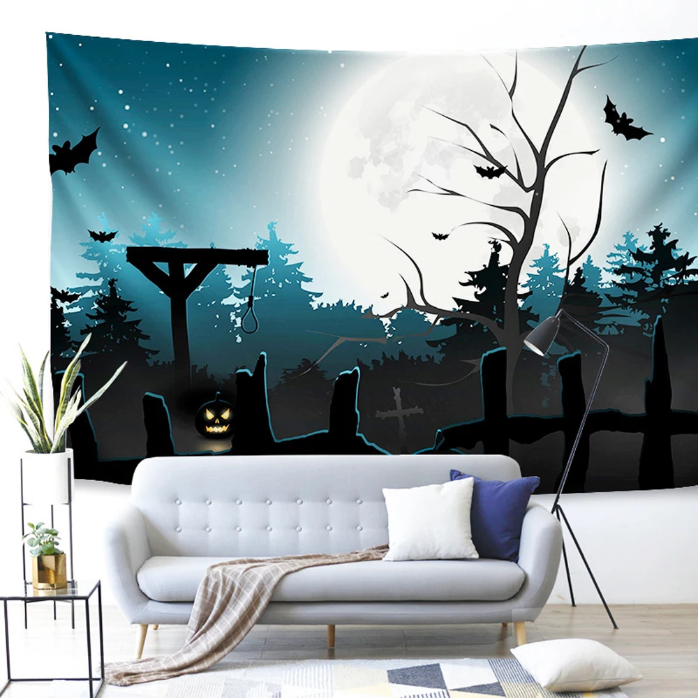 

Witch Wall Hanging in Full Moon Scary Pumpkin in Graveyard Wall Spooky Night Bats and Owl Tapestry Tapestry for Bedroom Room