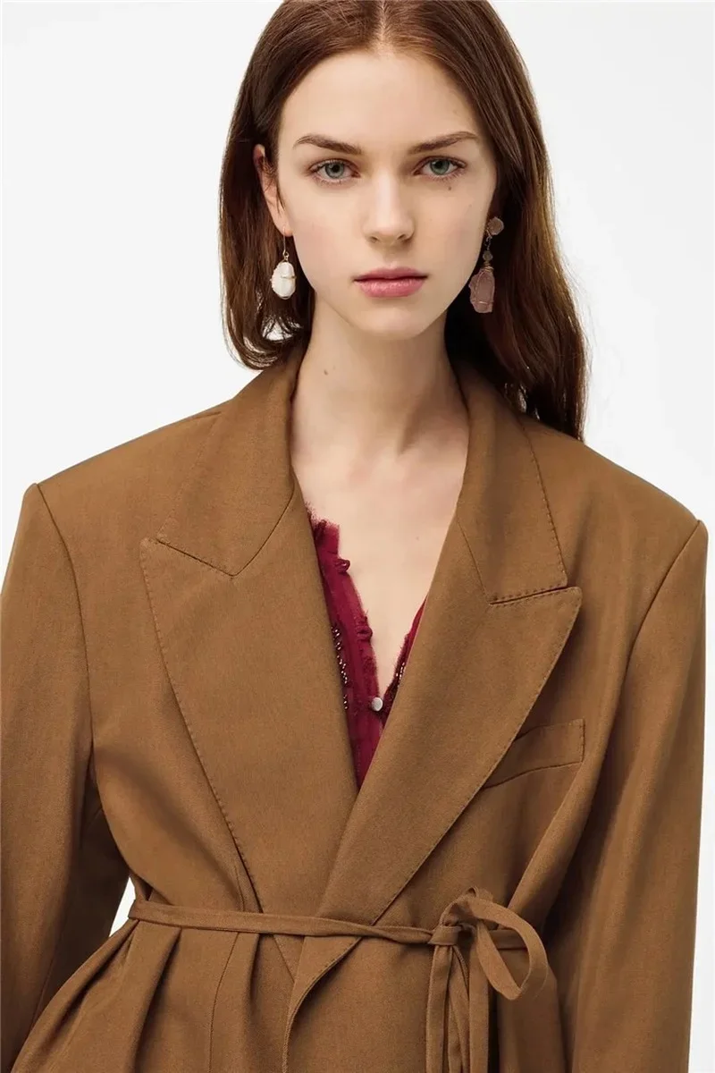 Simple High Waist Office Blazer Suit with Bandage Women Solid Colors Lace Up Loose Casual Blazer 2023 Autumn Spring New Fashion