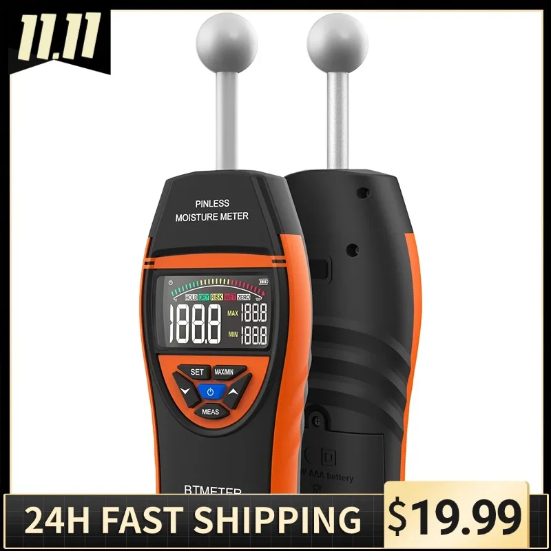 Pinless Moisture Meter for Walls and Floors, Non-Invasive Ball Sensor, LCD Display, Adjustable Alarm, Basement Moisture Detector