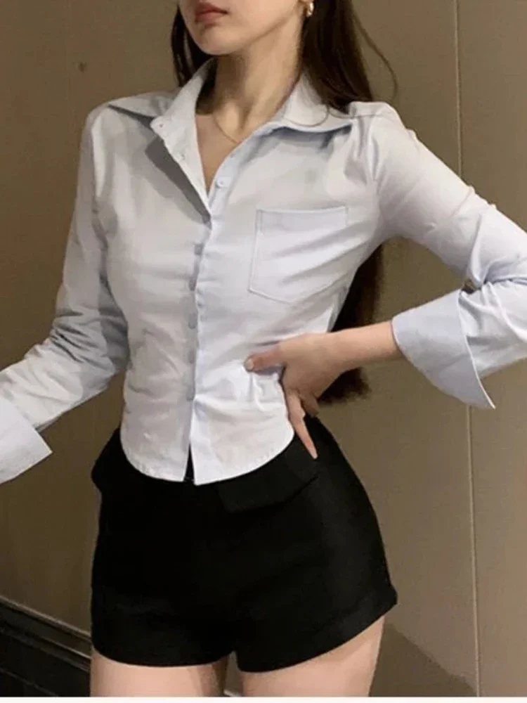 

Модная дизайнерская летняя однотонная офисная рубашка в Корейском стиле, женские топы, пикантная облегающая коллекция, женская рубашка с длинным рукавом