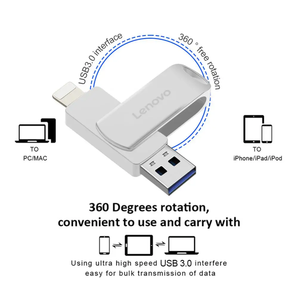 Lenovo Type C USB Flash Drive 2-IN-1 Lightning USB3.0 Pen Drive 1/2TB Pendrive 100MB/S Flash Disk With Key Ring For PC/iPhone