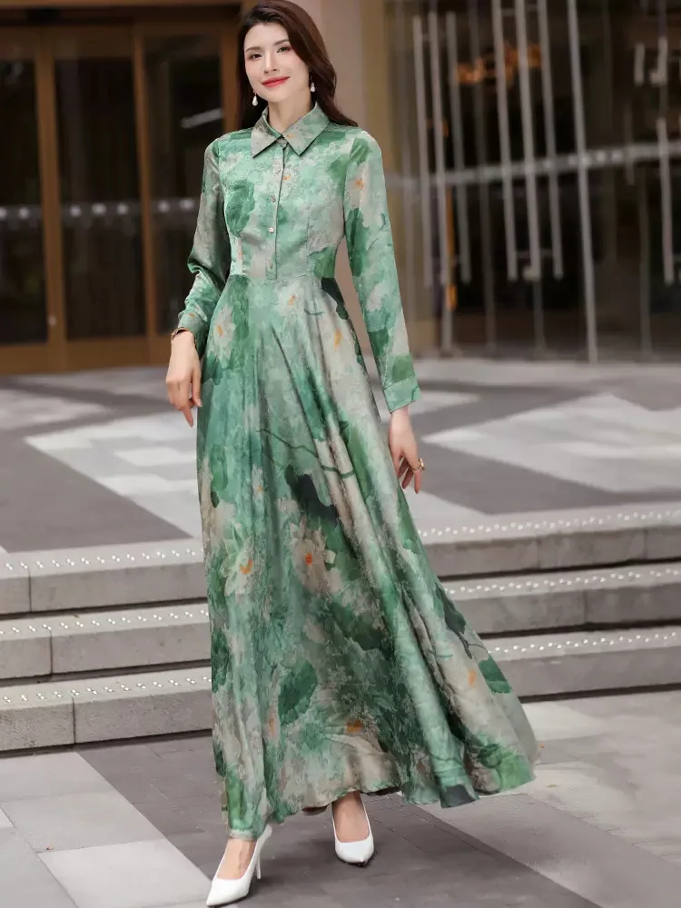 New Women Spring Summer Light Green Print Dress Fashion Turn-down Collar  Long Sleeve Slim Shirt Dress Elegant Flowing Long Dress - AliExpress  200000345
