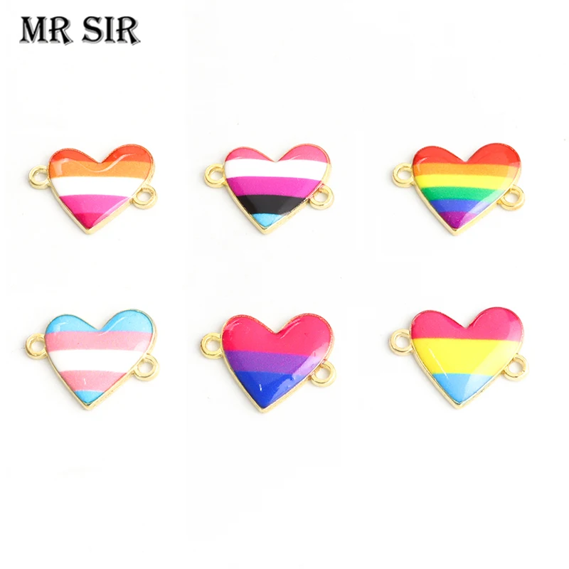 

10pcs Enamel Rainbow LGBT Flag Connectors Gay Lesbian Bisexual Pride Heart Pendant For Making Necklace Bracelet Keyring Findings