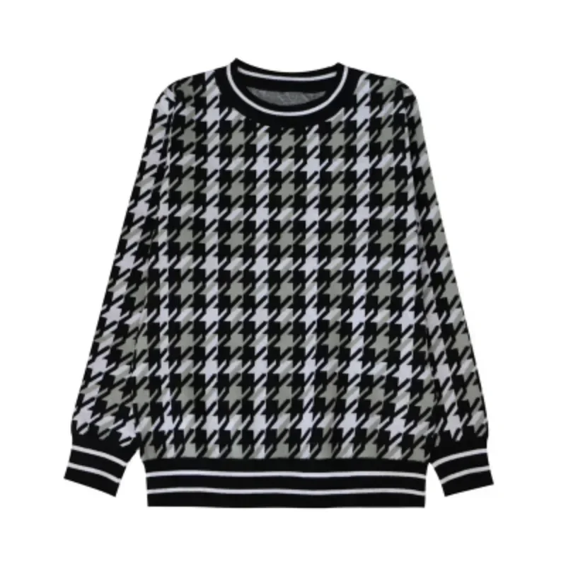 

Autumn and Winter New Thousand Bird Checker Knitted Women's Premium Korean Loose Round Neck Sweater Covering Meat Top