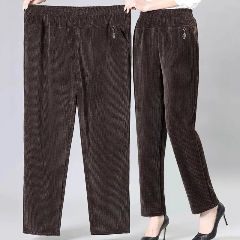 

Вельветовые брюки для женщин среднего возраста, Осень-зима, эластичные прямые брюки с высокой талией, большие размеры 8XL, свободные плотные брюки для мам