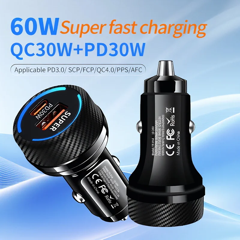 차량용 60W 초고속 충전기 PD30W 타입 C QC USB A 듀얼 포트 어댑터 블루 LED 링 지능형 칩 (블랙박스용)