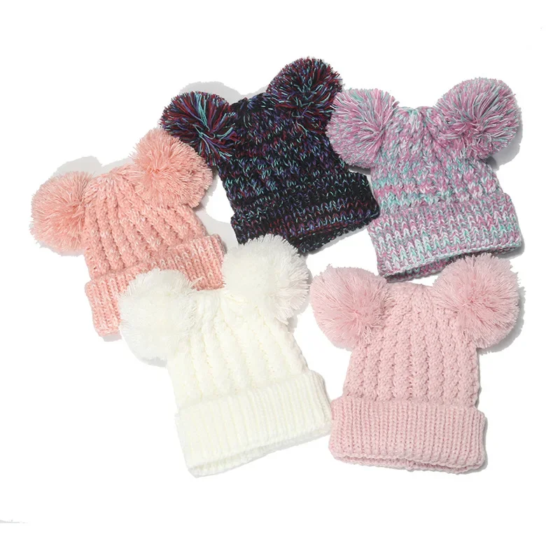 

Knit Hat for Boys and Girls Children Winter European and American Twist Mixed Color Warm Cute Double Ball Children's Woolen Hat