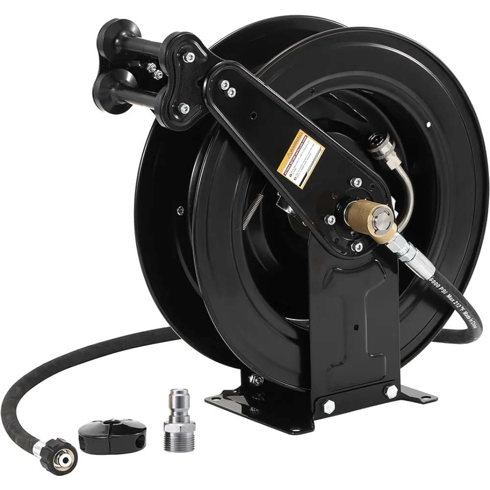 

FIXFANS High Pressure Washer Hose Reel for Water/Air/Oil, 3/8" X 50 FT Steel Dual Arm Auto-Retractable Power Wash Hose Reel