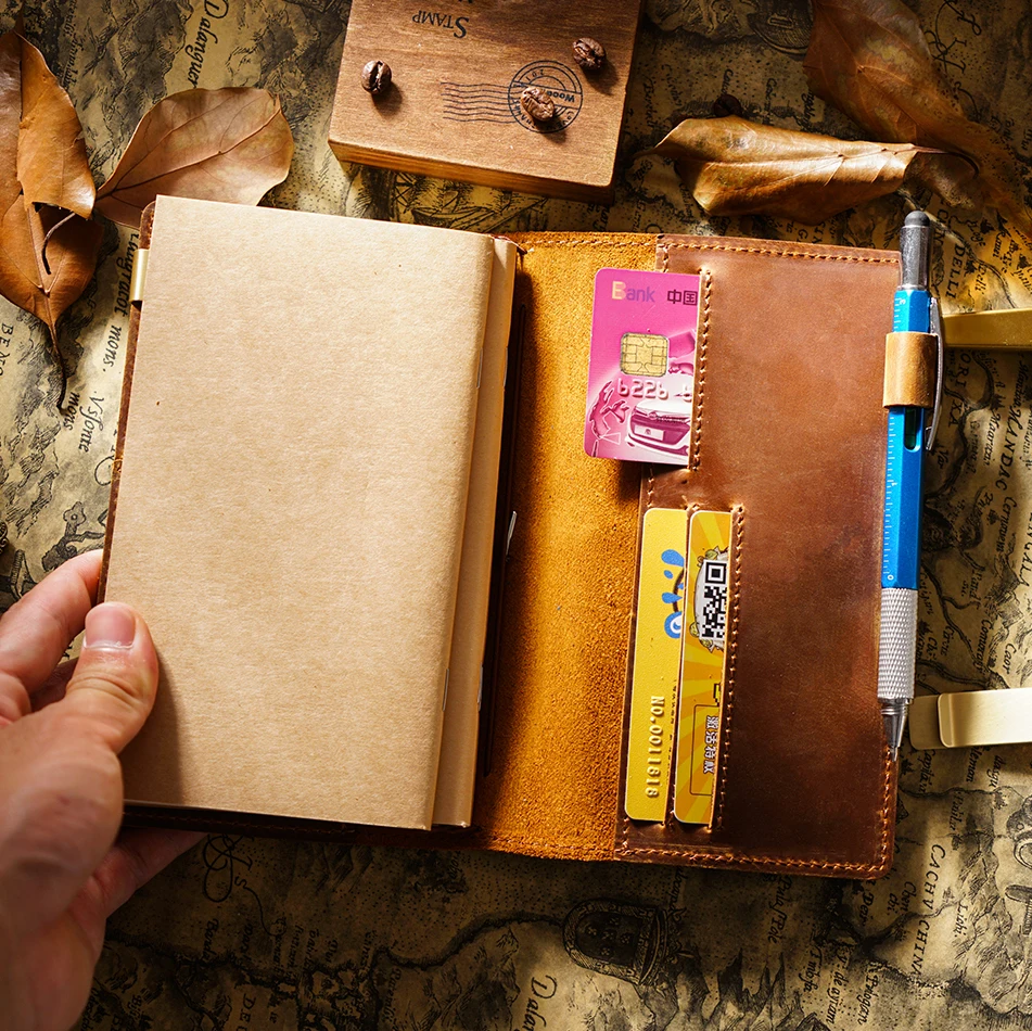 Vintage Leather Travel Journal - Handmade Refillable Portable Diary, Retro Brown