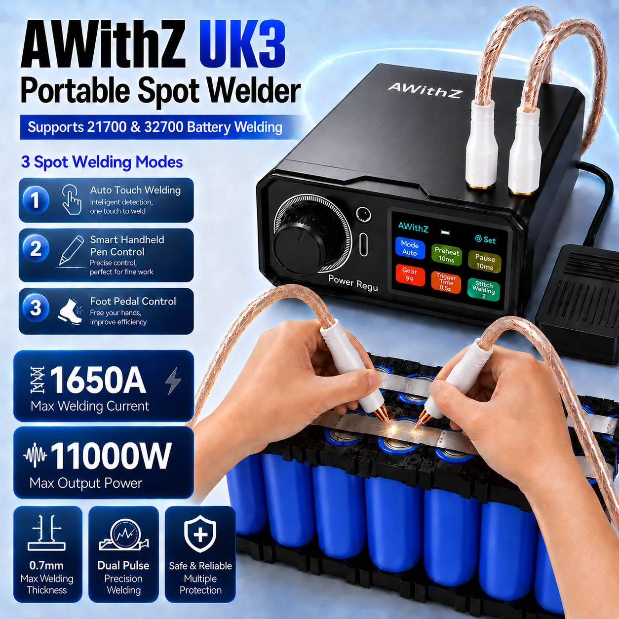 Awithz UK3 Tragbarer Akku-Punktschweißer DIY Mini-Schweißgerät 18650 Lithium-Akku-Pack Schweißwerkzeug 10000mAh Schweißbar bis 0,7mm
