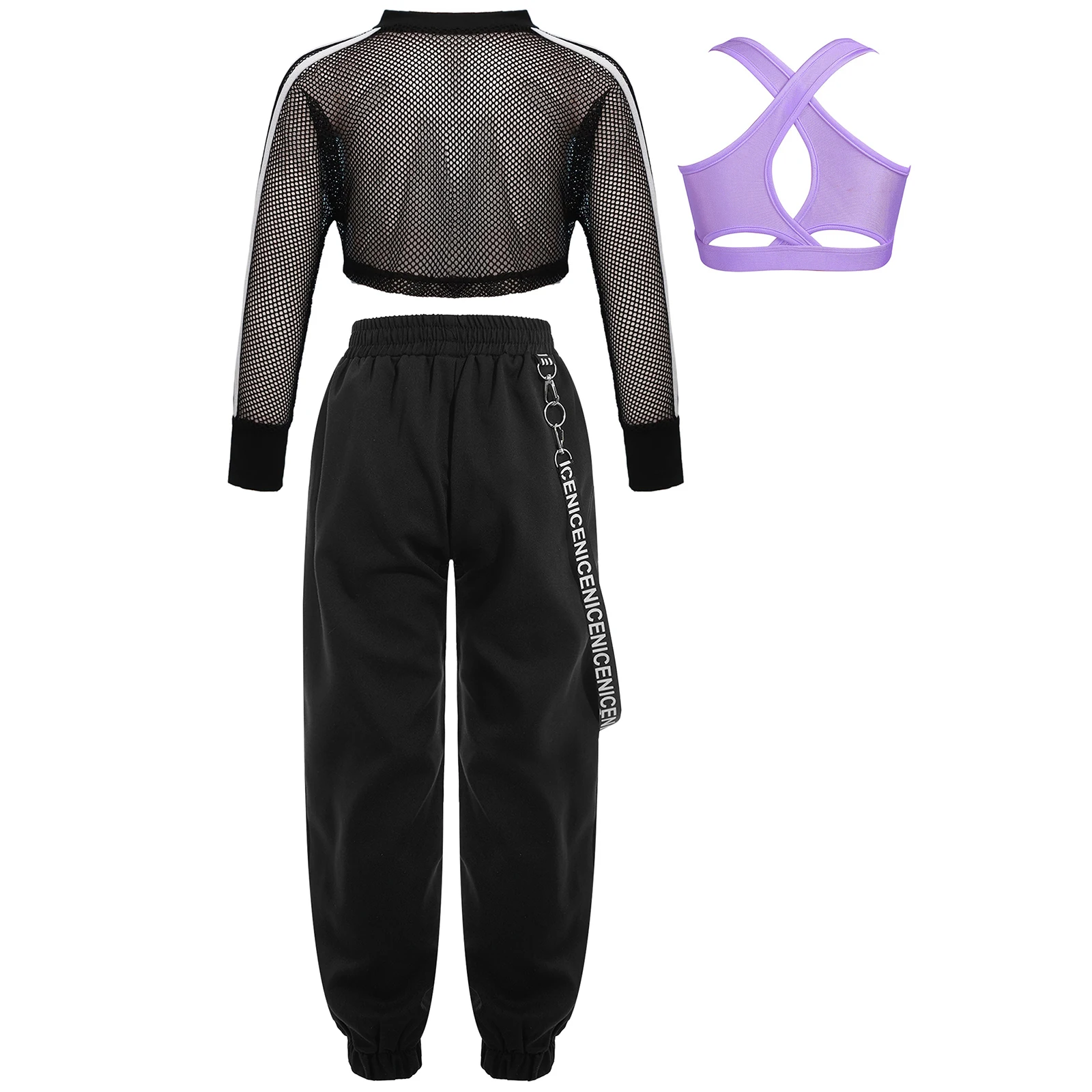 Kinder Mädchen Hip-Hop Jazz Tanz Performance Outfits: Rückenfreies Top mit Cargo-Hose und Mesh Langarm Crop Top Tanzkleidung – Detail 26
