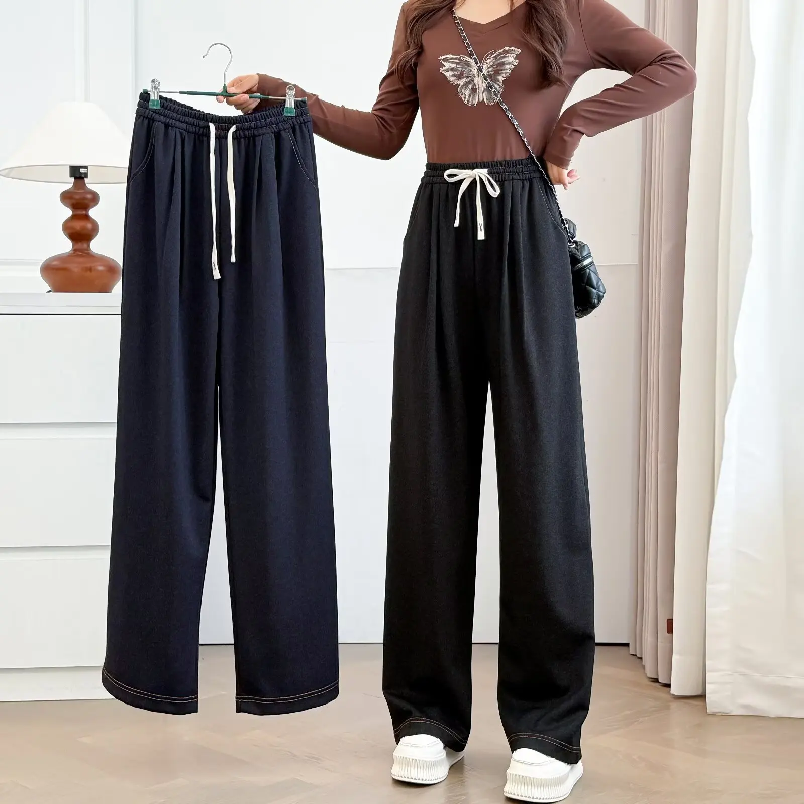 Plus Size Women's Straight Leg Jeans Autumn New Style Simple Drawstring Elastic Waist Long Pants Casual Trousers 8023