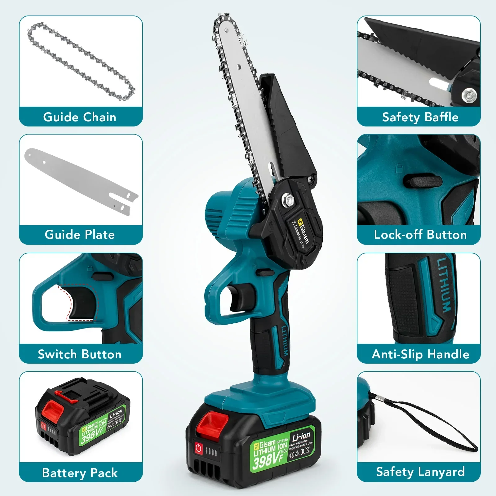 Gisam 6 Inch Chain Saw Cordless Electric Saw Handheld Garden Logging Chainsaw Wood Cutting Power Tool for Makita 18V Battery 4