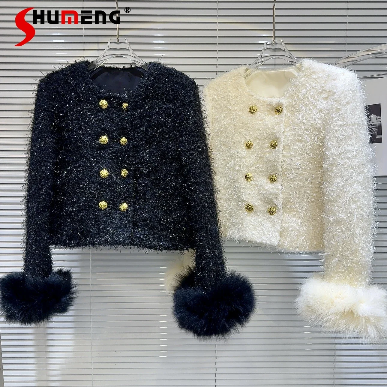 

2023 Women's Winter New Fashion Short Coats Double Breasted Long Sleeve Solid Color Round Neck Slim-fit Feminine Quilted Coats