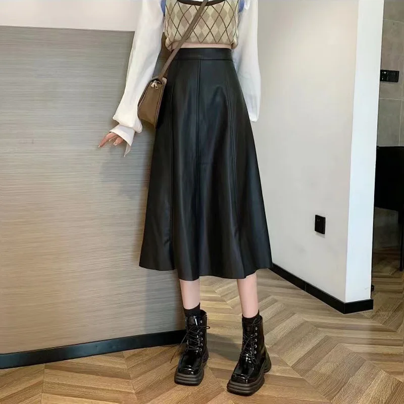

Black Leather Skirt Women's Autumn Winter 2022 New Korean Style Fashion High Waist Thin Mid-length A-line Skirt