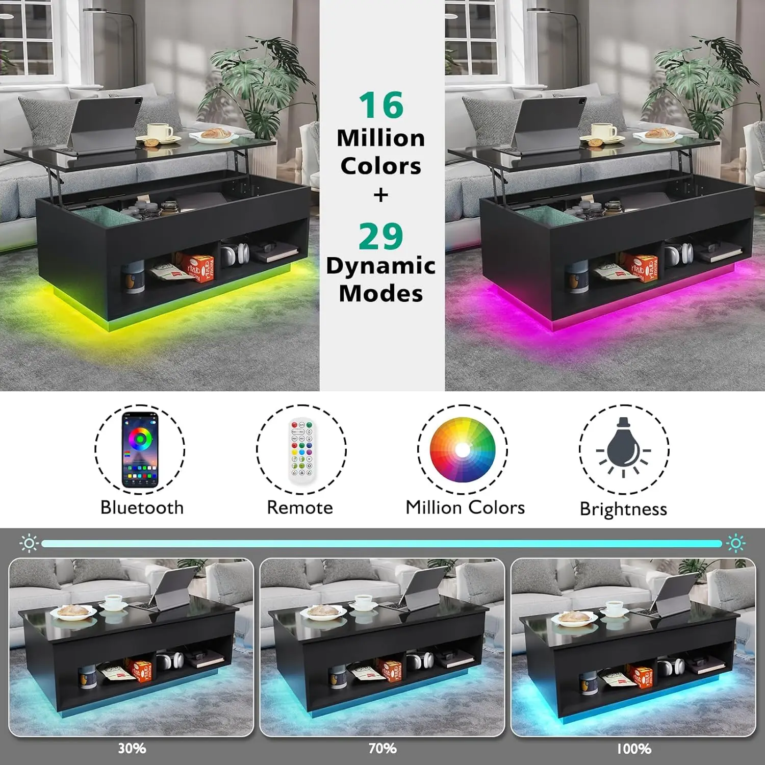 40" Modern LED Coffee Table with Storage for Living Room, Lift Top Coffee Table with 2 Shelves, High Glossy Wooden Dining Table