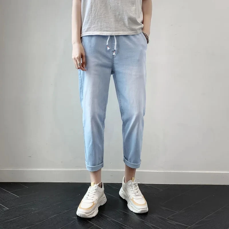 Summer Thin Fashion Men's Jeans 2024 New Korean Loose Straight Student Wide Leg Trendy Men's Elastic Waist Drawstring Pants