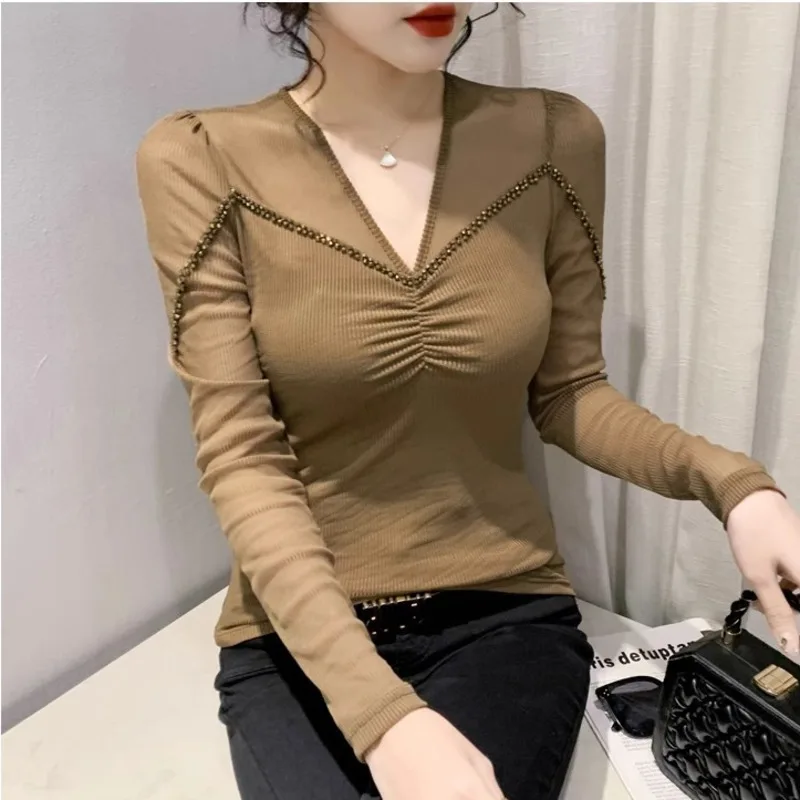 

#9123 Black Khaki Skinny T-Shirt Women Split Joint Diamonds Mesh Long Sleeve T Shirt Thin V-neck Short Tshirt Femme Korean Style