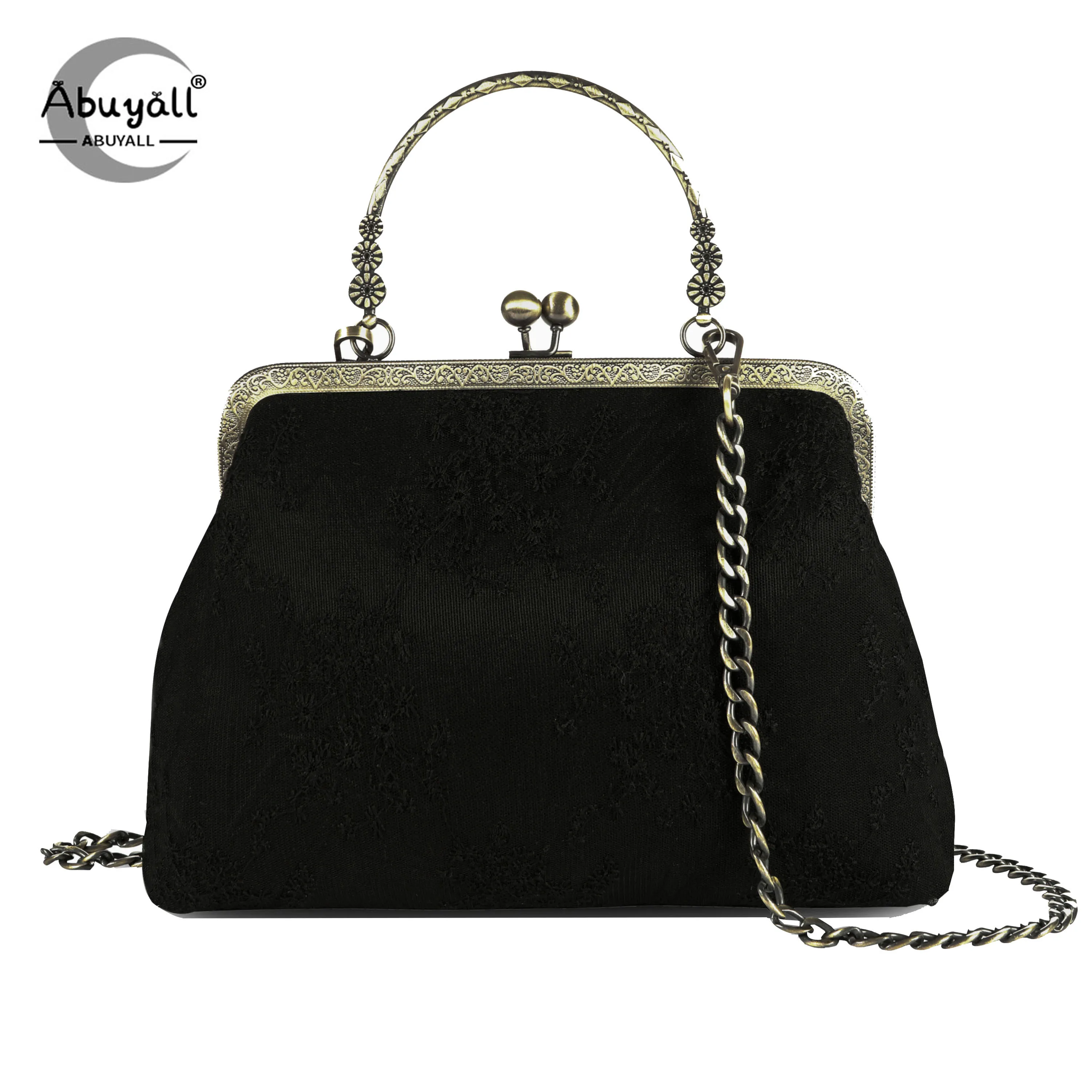 Abuyall Kiss Lock Top-Handle Handbag Vintage Fall Evening Lace Tote Canvas Purse Chain Strap Metal Frame Crossbody Bag Women