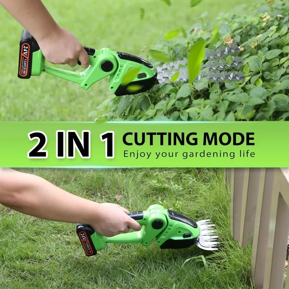 2-in-1,24V Battery Operated Shrubbery Trimmer Handheld Electric Grass Trimmer with 2 Rechargeable Batteries and Charger (Green) 2