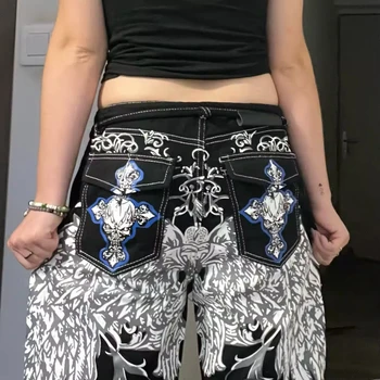 Y2K men's retro embroidered jeans, fashionable street style, unique pattern, casual loose trousers to create a trendy outfit 1