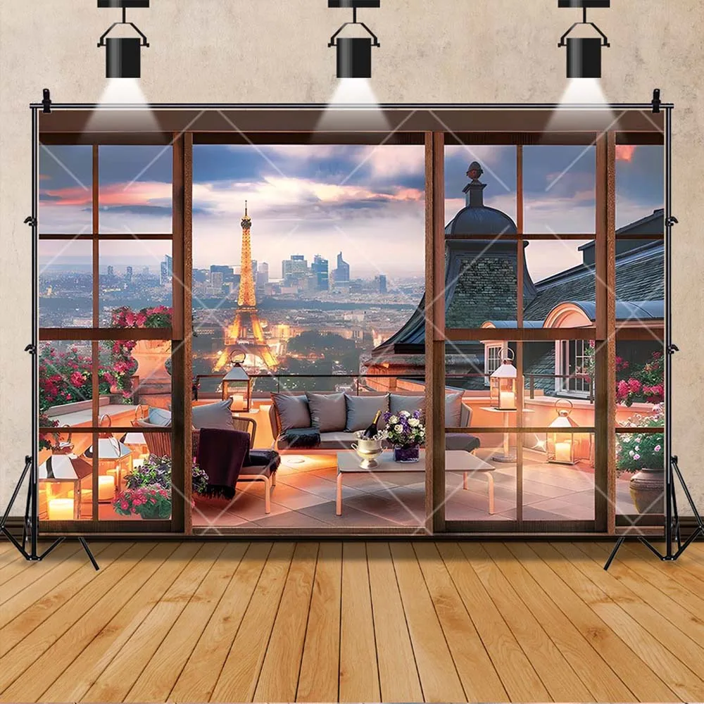 Window Outdoor Landscape Eiffel Tower Backdrop Interior Party Decorations Balcony Backgrounds For Photographs Photo