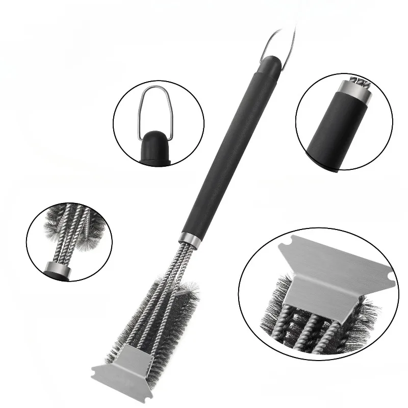 Stainless Steel Barbecue Brush with Scraper for Cleaning and Rust Proof Steel Wire, Ergonomic Outdoor Barbecue Accessories
