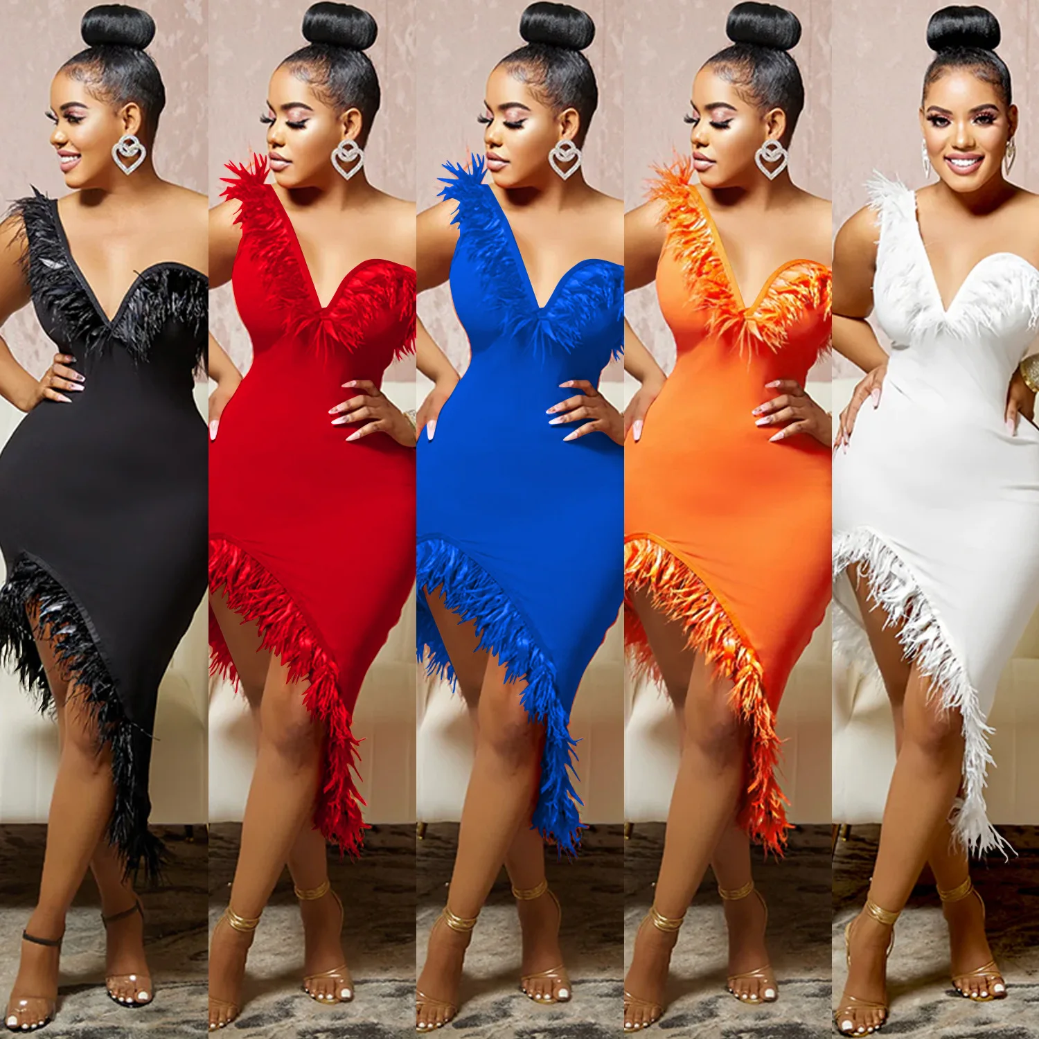

2022 Summer Women Dress Solid Strapless Feather Sexy Sleeveless Night Club Party Midi Dresses Female Evening Vestidos